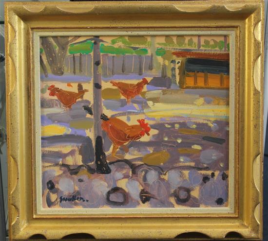 Dutch School Chickens in a field, 13 x 14in.